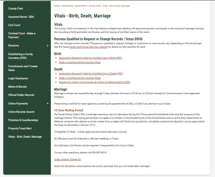 Gillespie County Clerk marriage license hours and fees