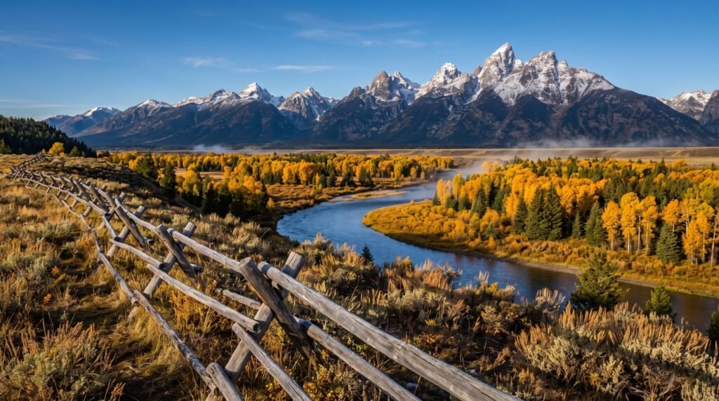 Golden aspens and snow-dusted peaks in Jackson Hole in September