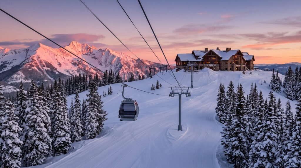Gondola to an on-mountain lodge for a Sun Valley winter wedding