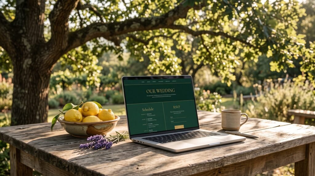 Green wedding website template for an Ojai California wedding