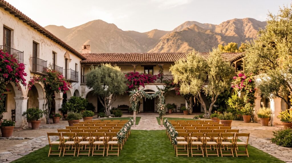 Hacienda courtyard wedding ceremony setup in Ojai California