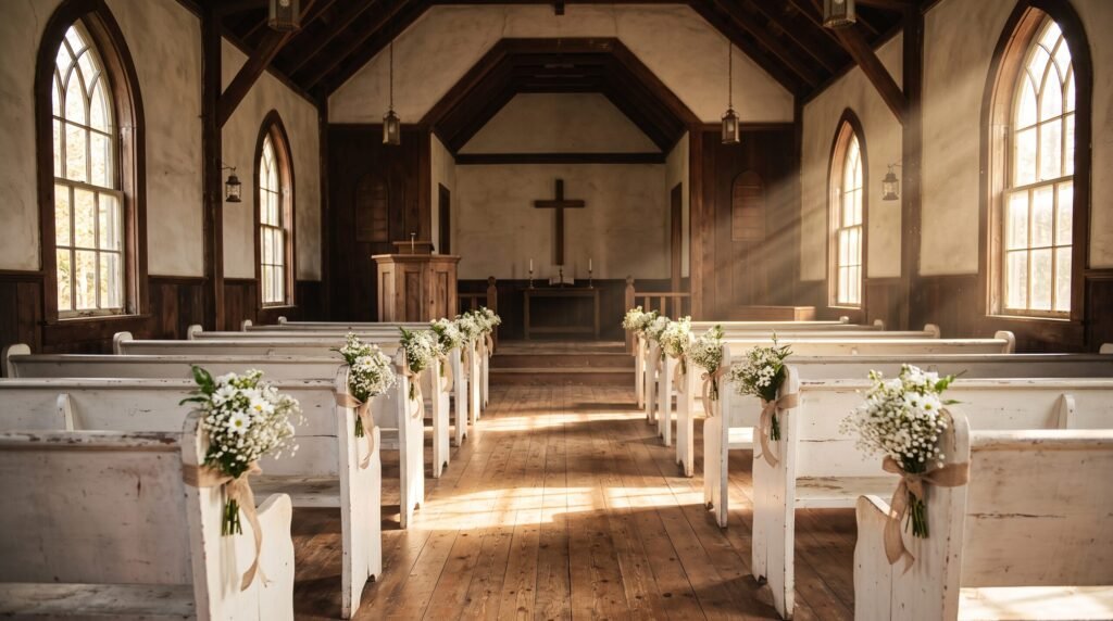 Historic country chapel interior for a small Oklahoma wedding