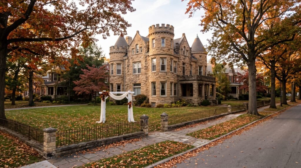 Historic sandstone castle home in Tahlequah for a small wedding ceremony