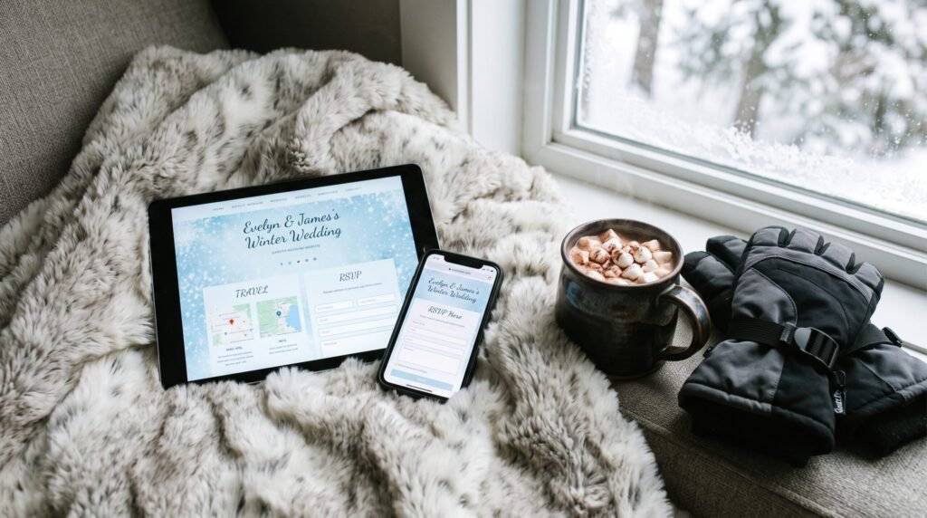 Light blue wedding website template for a Sun Valley winter wedding