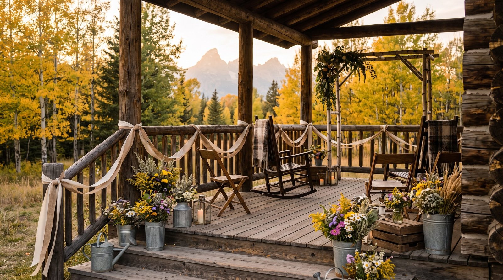 Log cabin porch set for an intimate Jackson Hole wedding