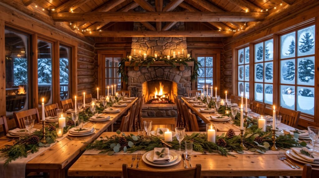Log cabin winter wedding dinner in Sun Valley Idaho
