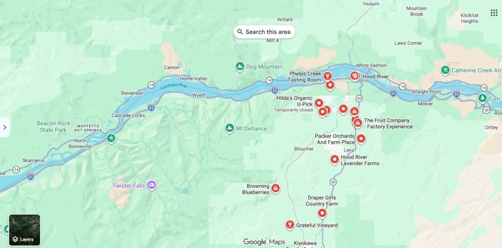 Map of Hood River Valley orchard wedding venues along the Fruit Loop