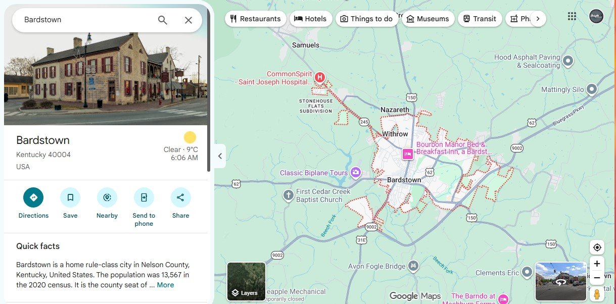 Map of barn wedding venue towns around Bardstown, Kentucky