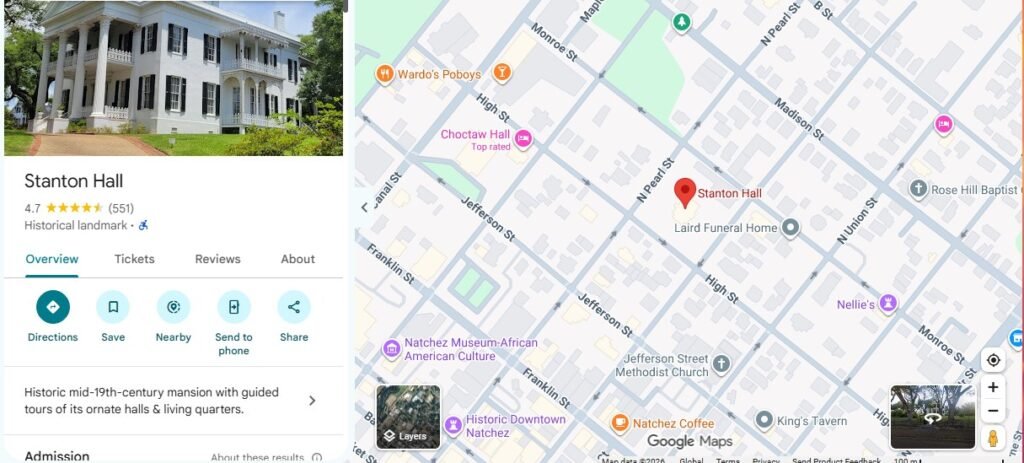 Map of historic wedding venues in Natchez, Mississippi