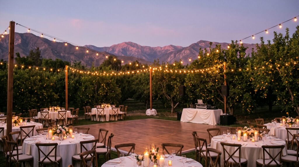 Orchard dance floor under string lights for an Ojai wedding