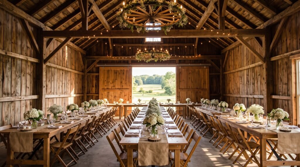 Rustic barn reception with long tables near Bardstown, Kentucky