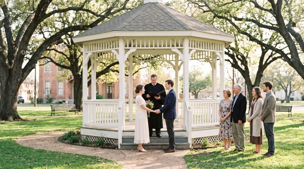 Small outdoor courthouse-style wedding ceremony at a gazebo