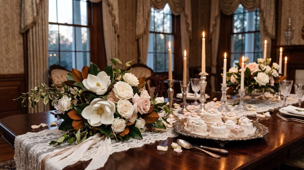 Southern wedding florals and desserts in a historic Natchez parlor