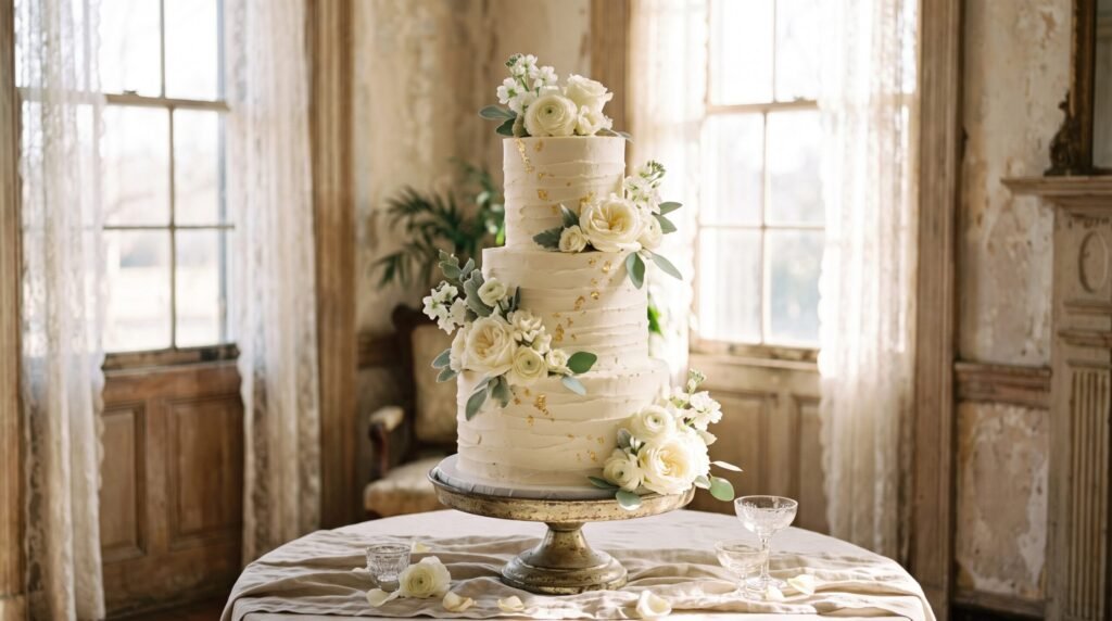 Three-tier buttercream wedding cake for a Natchez wedding