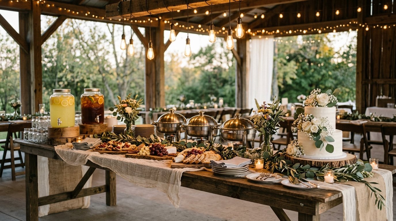 Rustic wedding buffet and cake for a Branson reception
