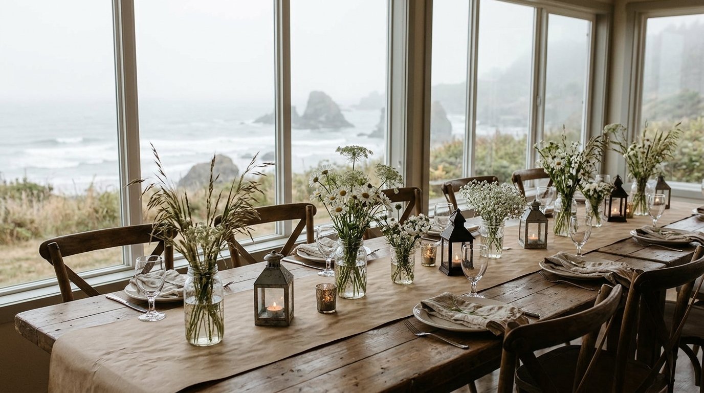 Budget-friendly coastal reception table for a Cannon Beach wedding