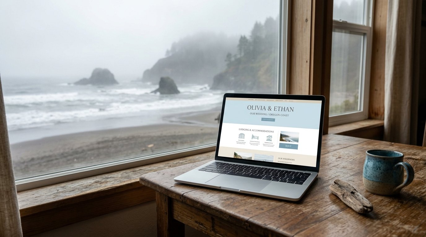 Coastal blue wedding website template for a Cannon Beach wedding