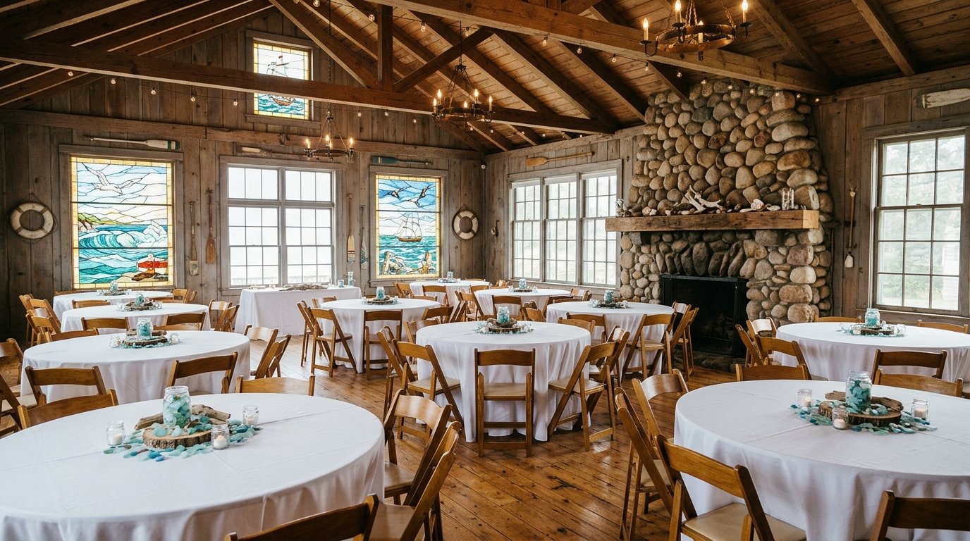 Coastal community hall reception with a stone fireplace in Cannon Beach