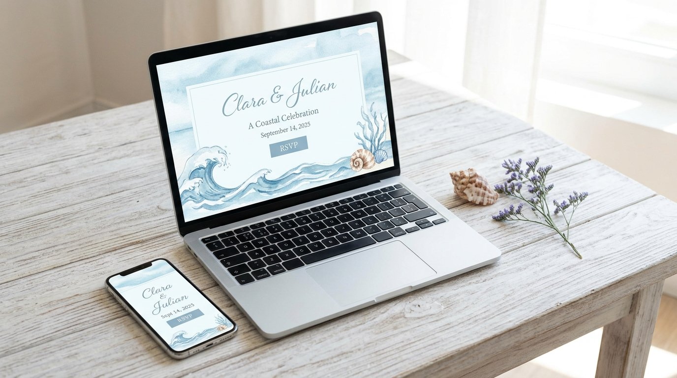 Coastal blue wedding website template on phone and laptop