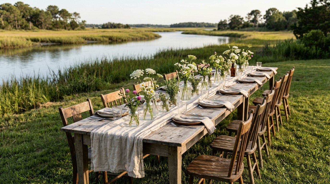 Waterfront garden reception table on the Eastern Shore of Virginia