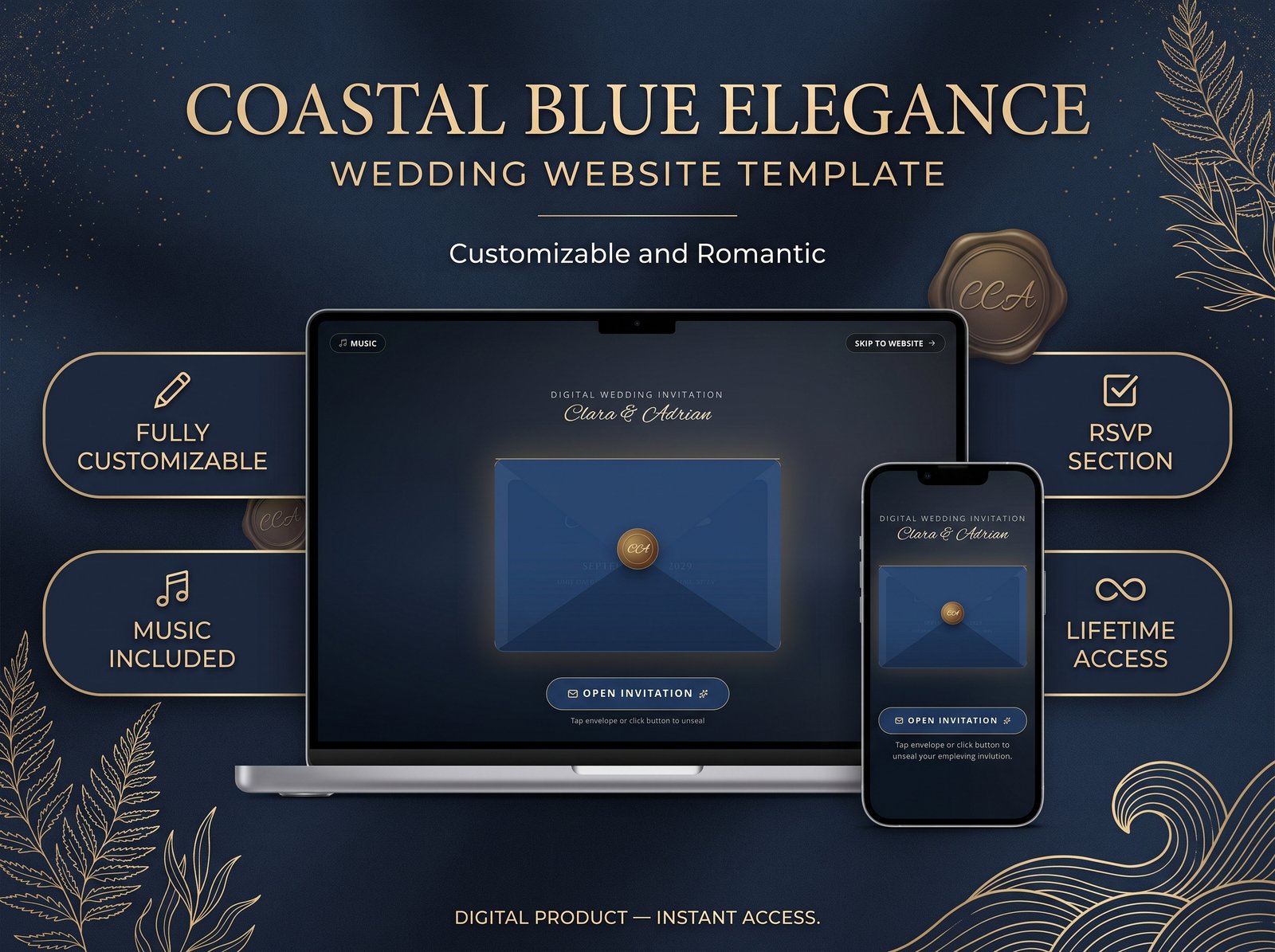 Coastal Blue Elegance Wedding Website Template – Seaside · Destination digital wedding website