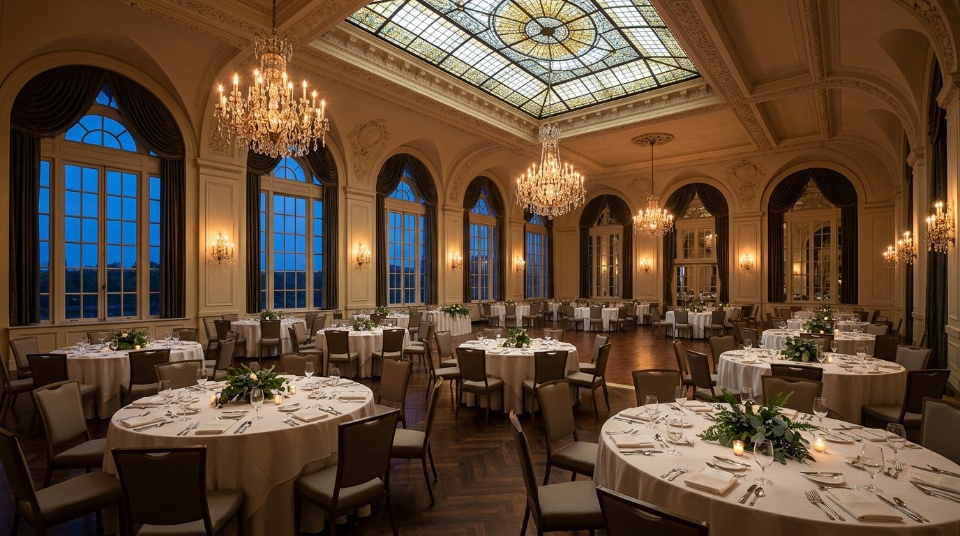 Historic downtown hotel ballroom set for a Decorah wedding