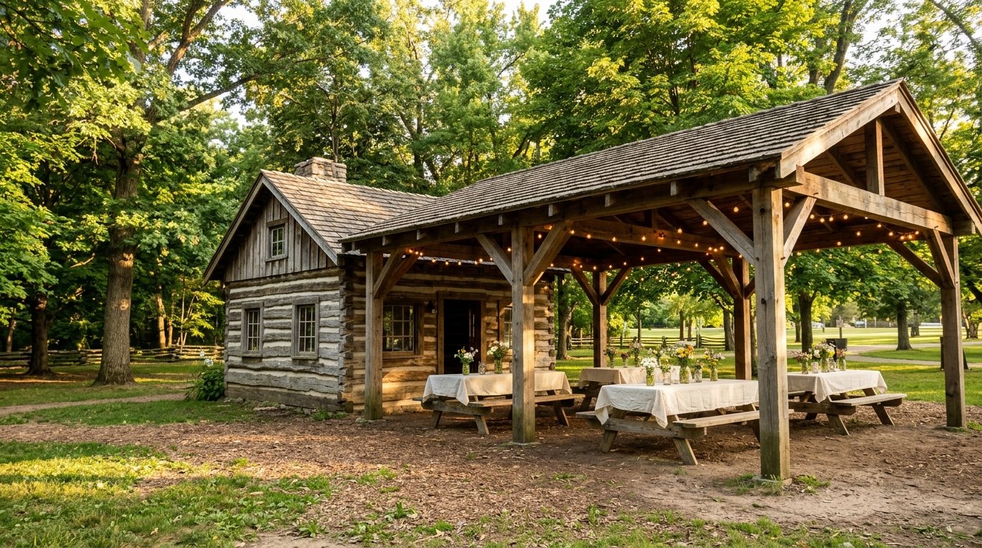 Rustic park cabin and shelter set for a budget wedding in Decorah