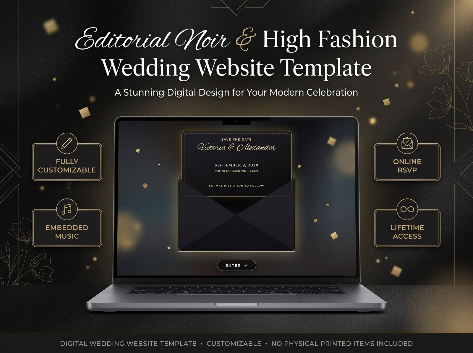 Editorial Noir High Fashion Wedding Website Template – Modern · Magazine digital wedding website