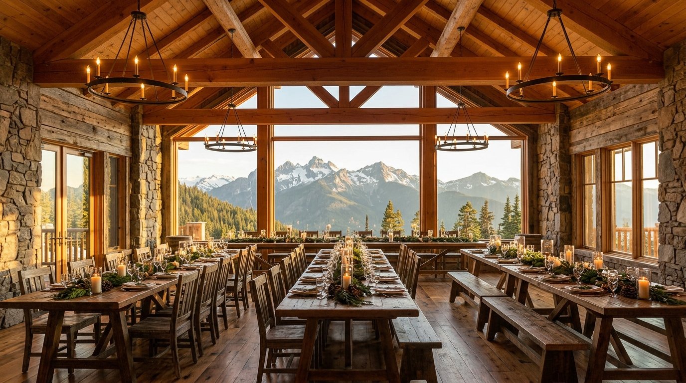 Mountain lodge reception with peak views in Estes Park