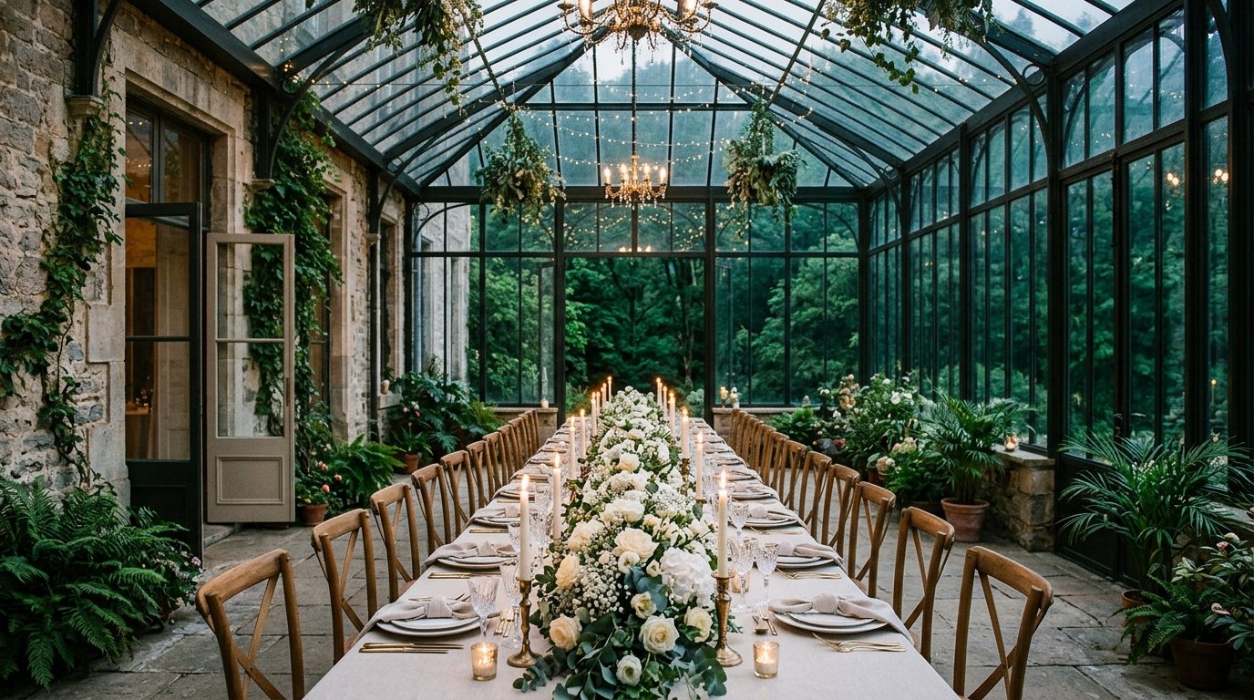 Stone manor solarium set for a small wedding near Harpers Ferry