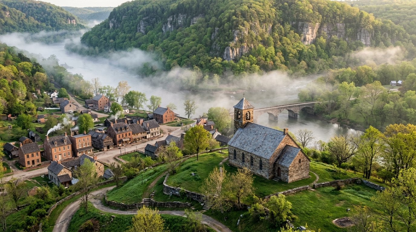 Historic stone church above the rivers in Harpers Ferry