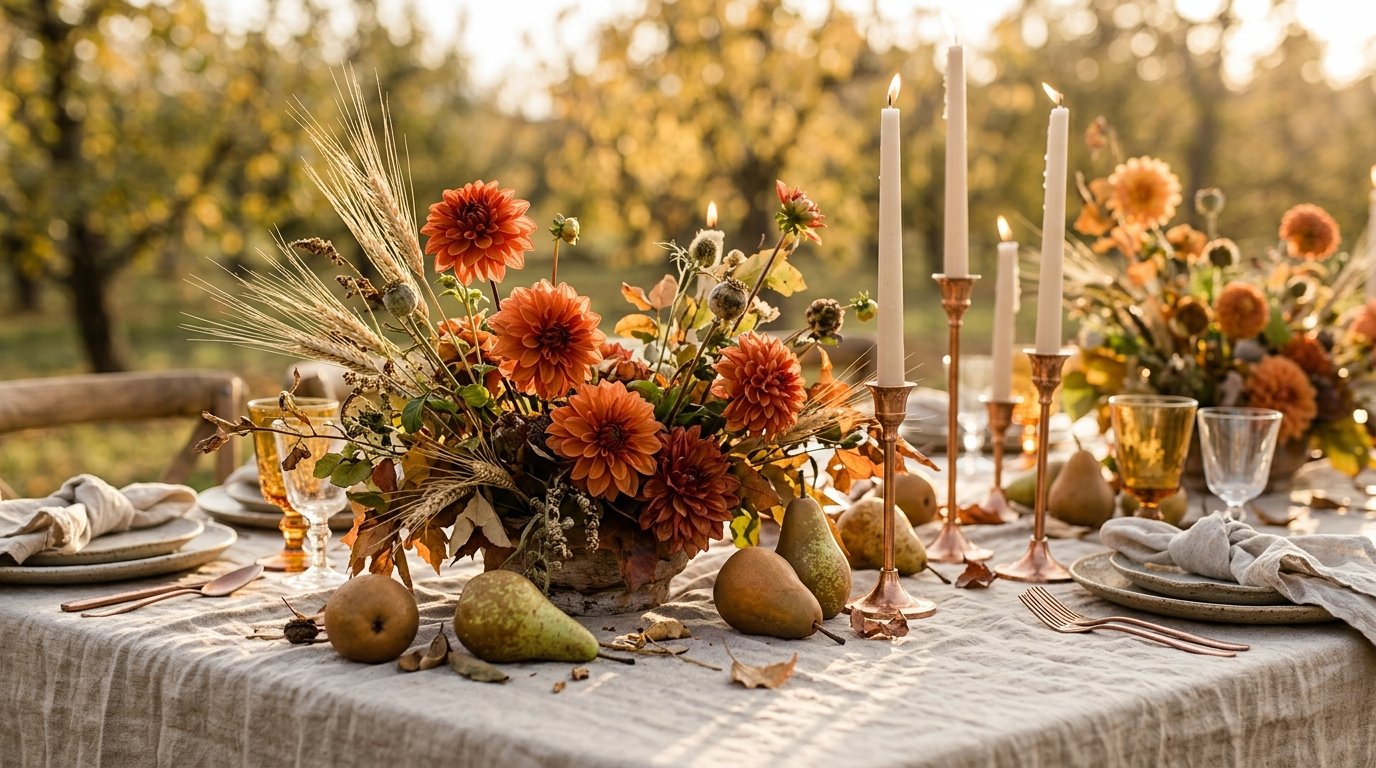 Autumn orchard wedding table with pears and dahlias