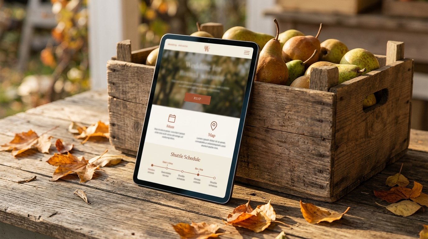 Autumn wedding website with shuttle schedule and map for Hood River guests