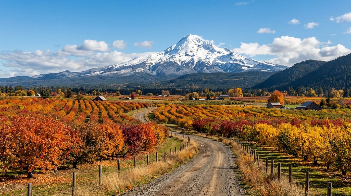 Fall color in Hood River Valley orchards with Mt. Hood behind