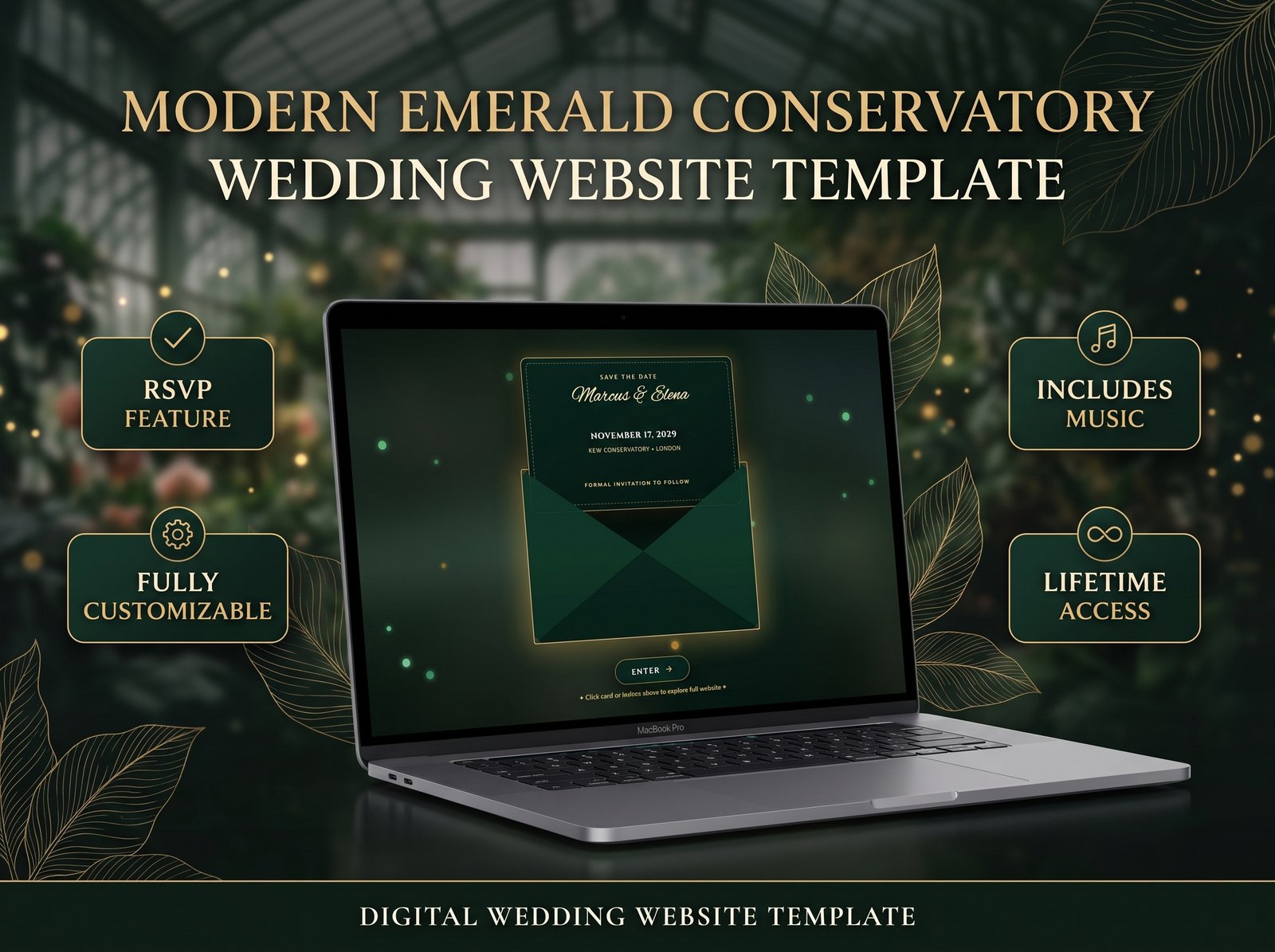 Modern Emerald Conservatory Wedding Website Template – Tropical · Botanical digital wedding website