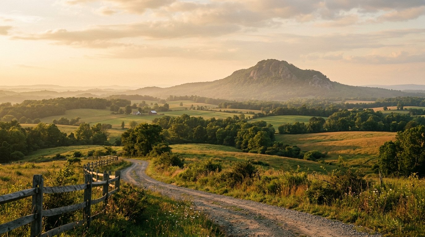 Mountain knob over farmland near Mount Airy for wedding portraits