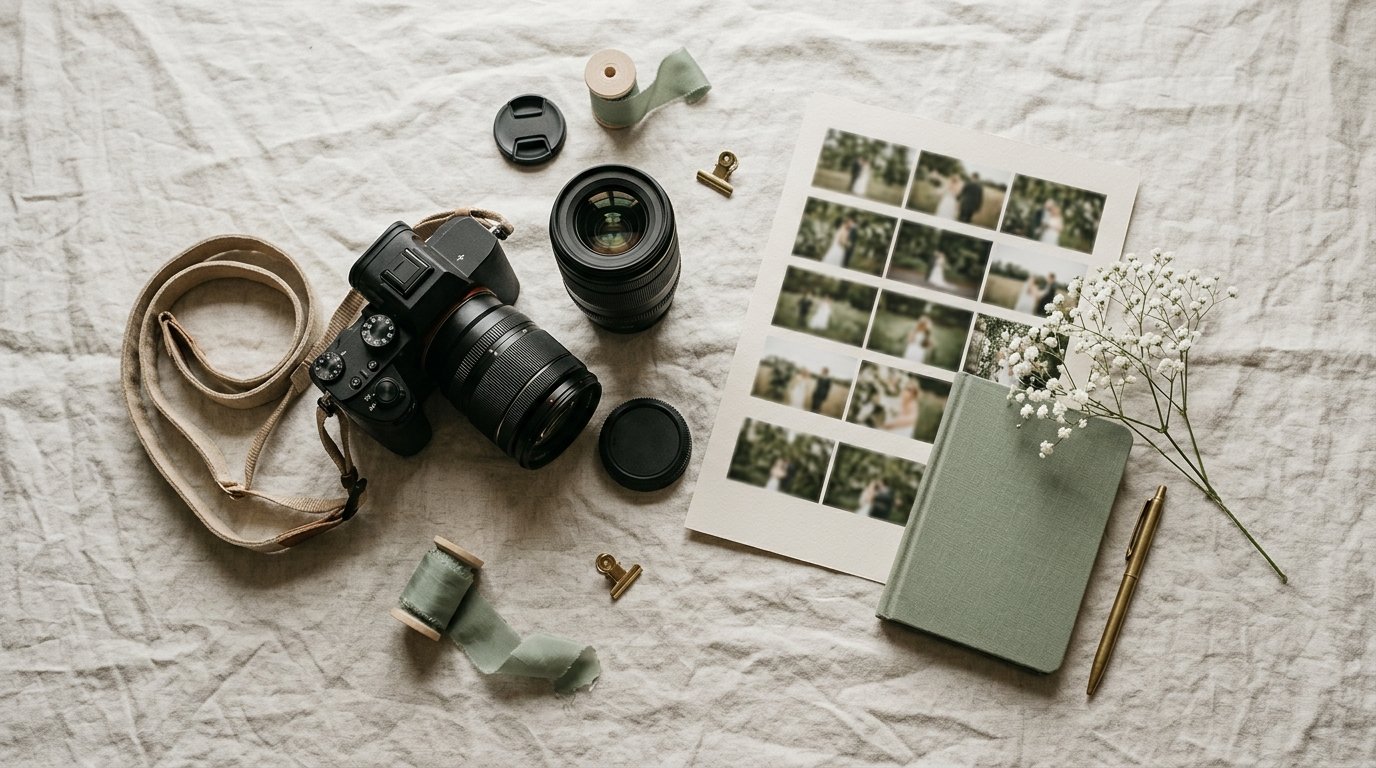 Wedding photographer's camera and proofs on a table