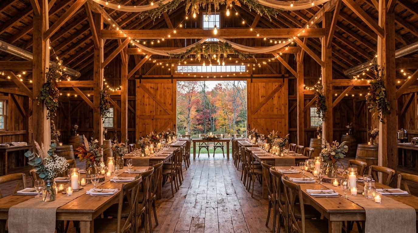 Restored timber barn wedding reception near Nashville Indiana