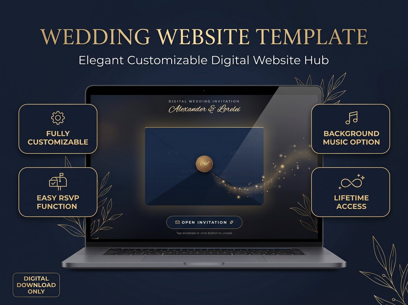 Navy blue celestial wedding website template
