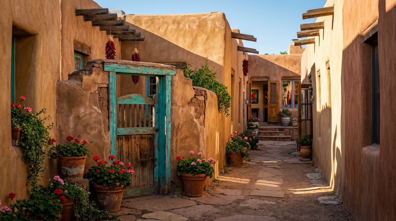 Adobe gallery street for Santa Fe wedding portraits