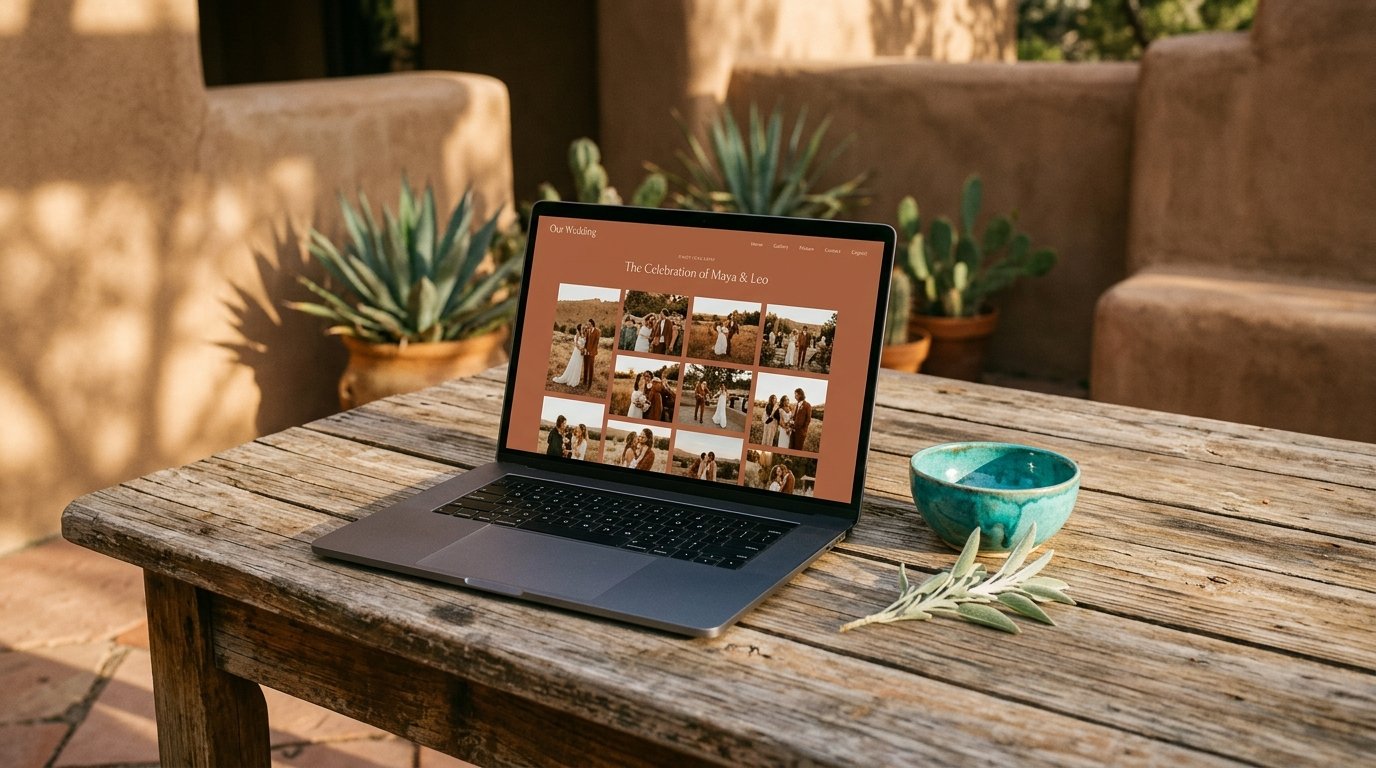 Terracotta wedding website template with photo gallery for a Santa Fe wedding