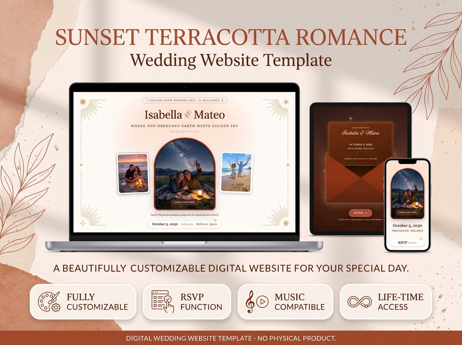 Sunset Terracotta Romance Wedding Website Template – Boho · Desert digital wedding website